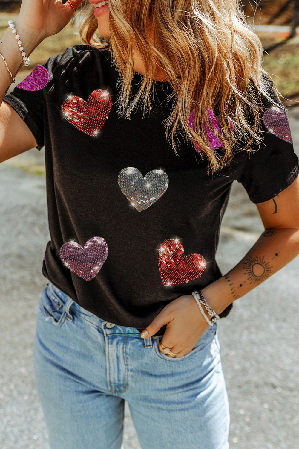 Sequin Heart Patched Pattern Crewneck Valentines Tee